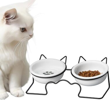 Навіс Keramik Katzennapf mit Metallständer - Erhöhter Katzennapf - Katzennapf Keramik - Katzennapf erhöht - Futterstation Katzen - Spülmaschinen- und Mikrowellensicher Weiß/Grün (Schwarz/Weiß)