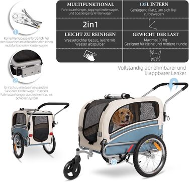 Причеп-перевозник для собак 2-в-1 на велосипед та візок – для собак до 30 кг, складаний, з гальмами, сигнальним прапорцем, для активного відпочинку та дому, легкий у встановленні (Блакитний)