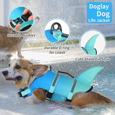 Жилет для плавання собак Doglay з принтом акули, для відпочинку на воді, велика плавучість, регульований, для собак, блакитний градієнт (Small)