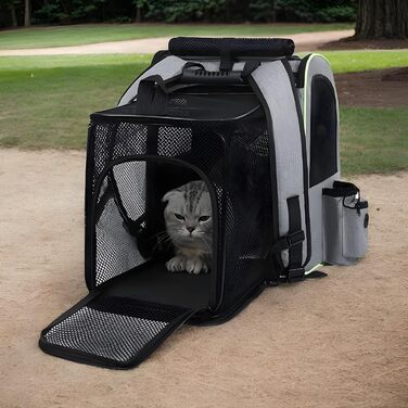 Транспортна сумка для котів, рюкзак для маленьких собак – дихаюча, розкладна сумка-переноска для подорожей, сіра з зеленими вставками