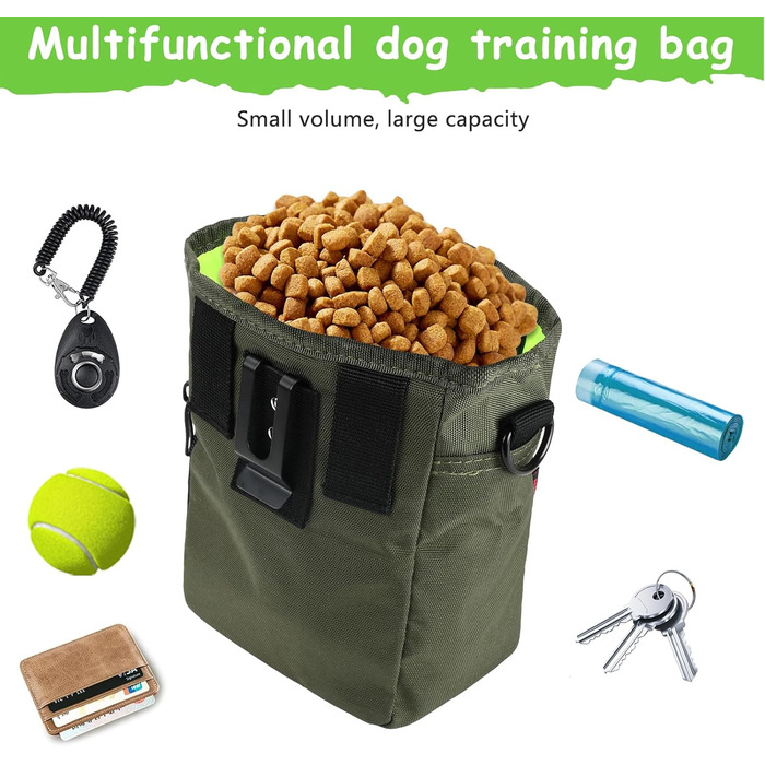 Сумка для ласощів для собак з магнітною застібкою, сумка для тренування тварин, велика сумка для ласощів та клікер для собак, сумка для тренування з інтегрованим зеленим кольором