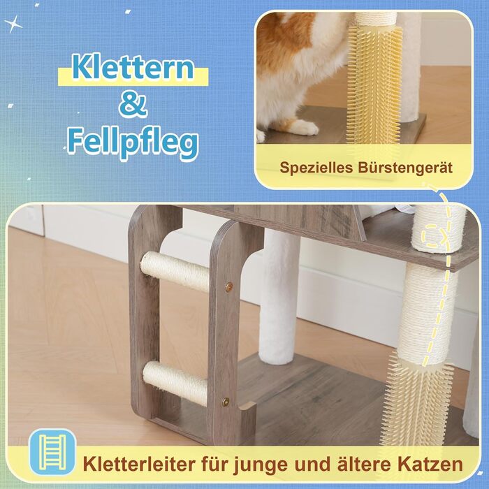 Дерев'яний кігтетопор Hey-brother Holz Kratzbaum 184см для великих котів, багатоярусний, зі стійкою платформою, кошиком, будиночком, щіткою та драбиною (Gris Vintage)