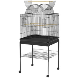 PawHut Birdcage Велика клітка для папуги з піддоном, лоток, станція для годування, шпаківня з коліщатками для канарок, сталь 63 x 53 x 144 см Чорний | Аосом