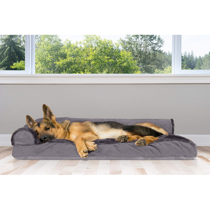 Крісло-лежанка для собак великих порід FurHaven з підголовником та знімним чохлом, плюш та оксамит, L-подібне, сірий колір, Jumbo/XL, 102 x 81 x 20 см