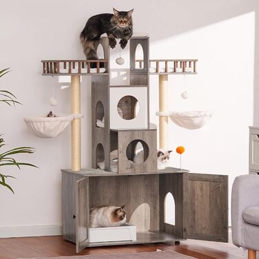 Heybly HCT110SG Когтеточка з туалетом для котів, для великих котів до 9 кг, міцний сучасний котячий будинок з когтеточками, для дому, рустикальний сірий