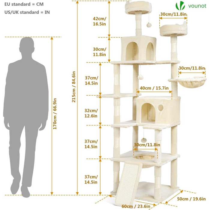 Двоповерховий котячий будиночок Vounot XXL (215 см), котячий комплекс з гамаком, корзиною та шматочками для дряпання, сірий та бежевий