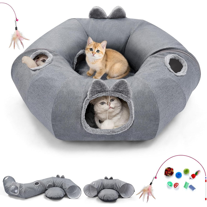 Туннель-ліжко для котів Odoland з м'яким лежком, інтерактивна іграшка з кулькою та шурхотливим тунелем для кошенят, кроликів, цуценят та інших дрібних тварин