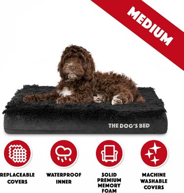 Ортопедичне ліжко для собак з Memory Foam, чорне штучне хутро, середнього розміру, вологостійке, знімні чохли