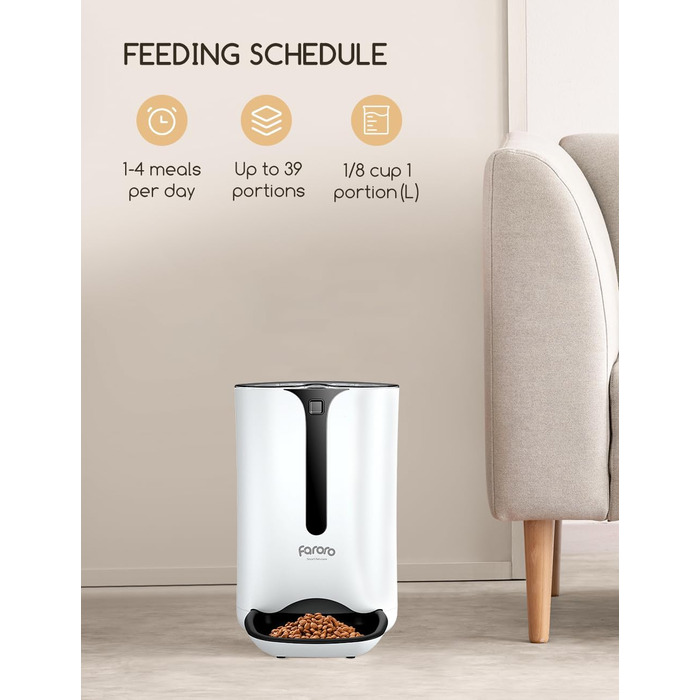 Автоматичний годівниця для котів Faroro, 7л, програмування, порційний контроль, голосове повідомлення, повільне годування, чорний колір