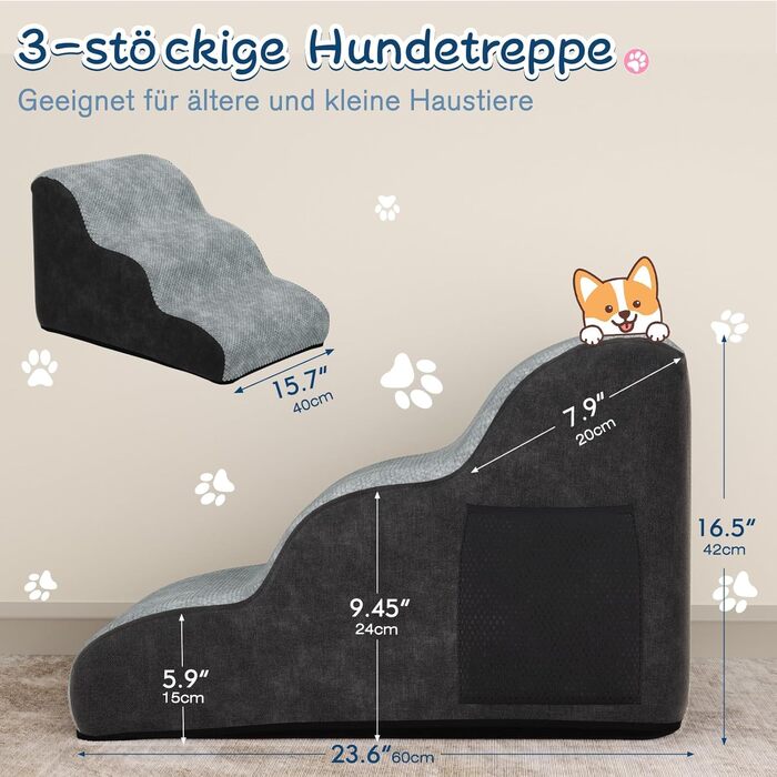 Сходинка для собак маленьких порід, 3 сходинки, зручна та безпечна, з антиковзким покриттям