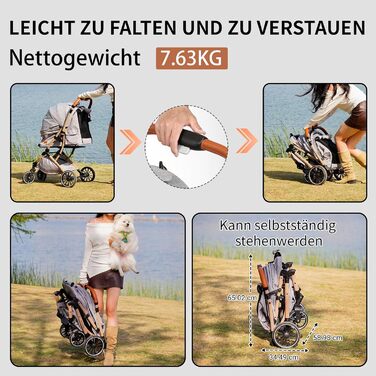 Візок для собак EchoSmile, складаний, до 20 кг, для маленьких та середніх собак та котів, з регульованою ручкою, амортизаторами та знімним чохлом (сірий)