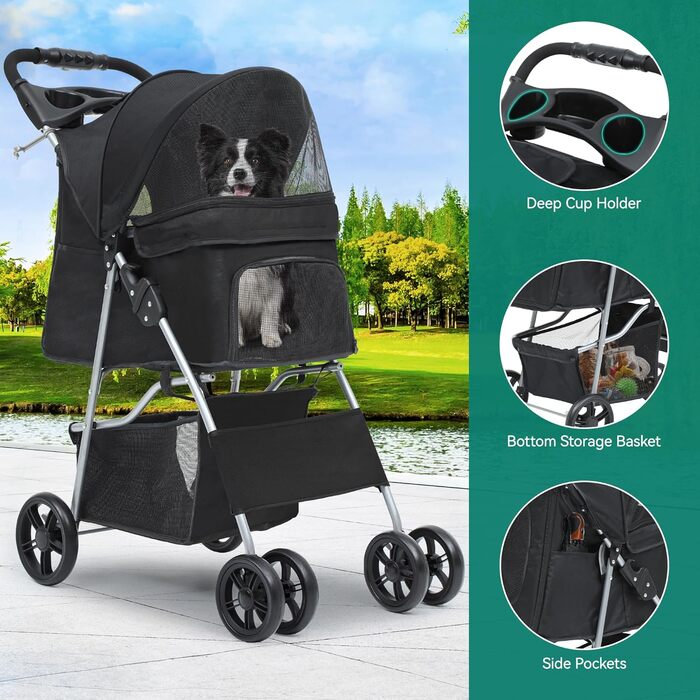 Візок для собак YITAHOME, середній розмір, 4 колеса, з кошиком для зберігання, складаний, з тримачем для напоїв (чорний, без дощового покриття)