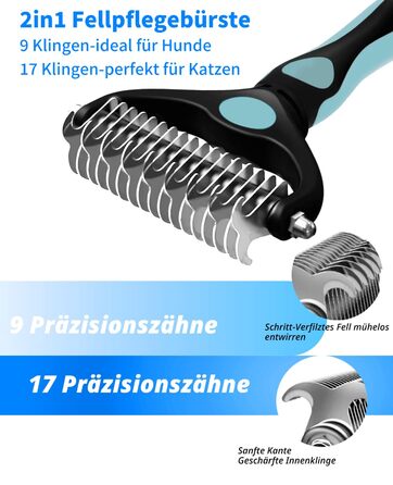 Гребінець для собак та котів проти вичісування – ергономічна ручка, міцний, 17/9 зубців, видаляє ковтуни та підшерстя, дешадінг-щітка для довгошерстих та короткошерстих порід (Синьо-чорний)