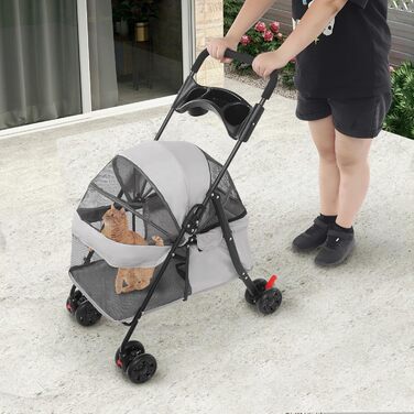 Візок для собак до 18 кг, розкладний, легкий та портативний. Dog Stroller для маленьких та середніх собак/кішок, дихаюча сітка, тримач для напоїв та гальма. Колір: світло-сірий
