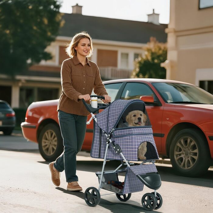 Дитяча коляска для котів та собак, 3 колеса, складний візок для тварин, 13,6 кг, з кошиком та тримачем для напоїв, в клітинку