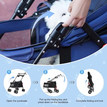Складаний візок для собак з 4 колесами та дихаючою сіткою - Легкий транспортний візок для маленьких собак та котів до 10 кг, з регульованим сонцезахистом, тримачем для напоїв та страхувальним ременем (Блакитний)