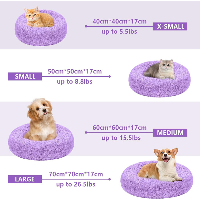 Кругле ліжко-пончик для собак та котів, середнє, з ковдрою, лілакове. Легко миється, м'яке, плюшеве, 61 см (діаметр), ковдра 71x23 см