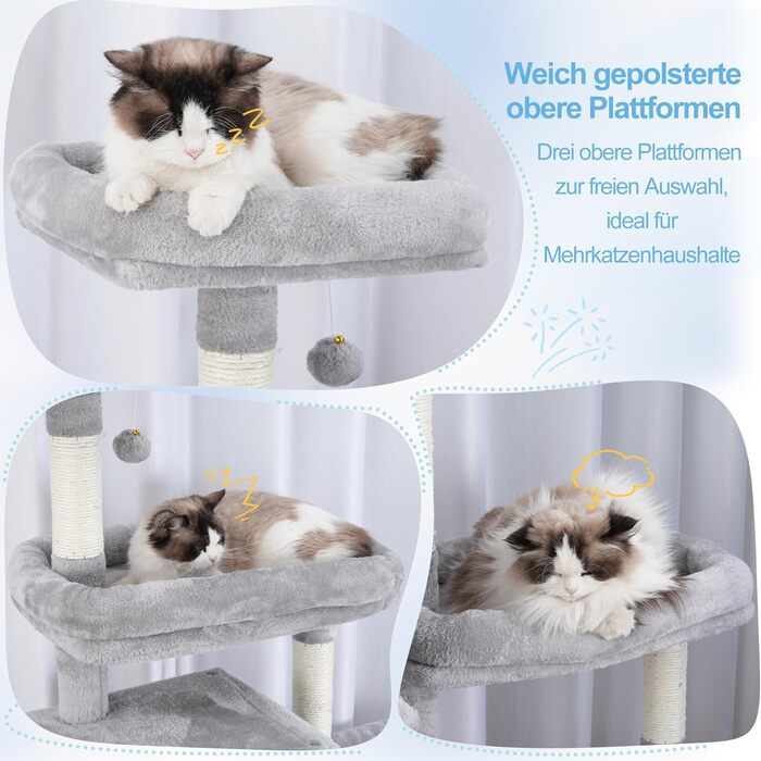 Котячий будиночок Hey-brother XXL для великих котів, 180 см, сірий, з 3 платформами, 2 кошиками та великою печерою