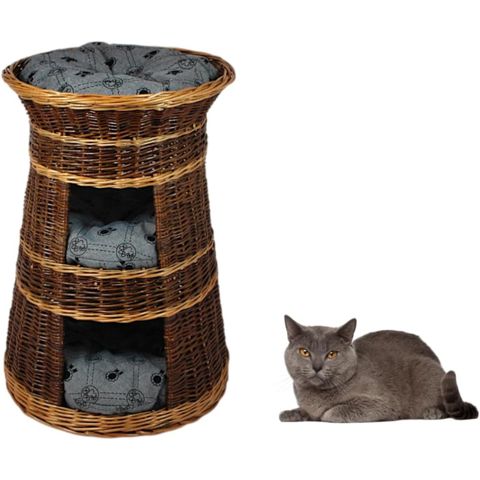 Корзина для котів для сну – котяча хатинка для дому – розмір 43 x 49 x 70 см, кругла – котяча печера з лози, трирівневе ліжко для собак або котів з пральним подушками в бежевому кольорі – лакована корзина (подушка світло-сіра)