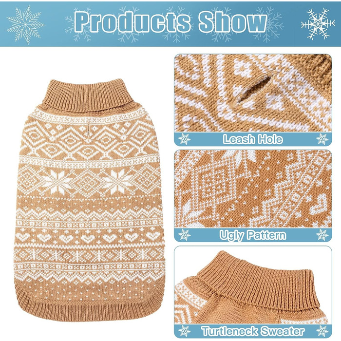Теплий зимовий пуловер для собак та котів Bingpet з мотивом сніжинок, бежевий (L)