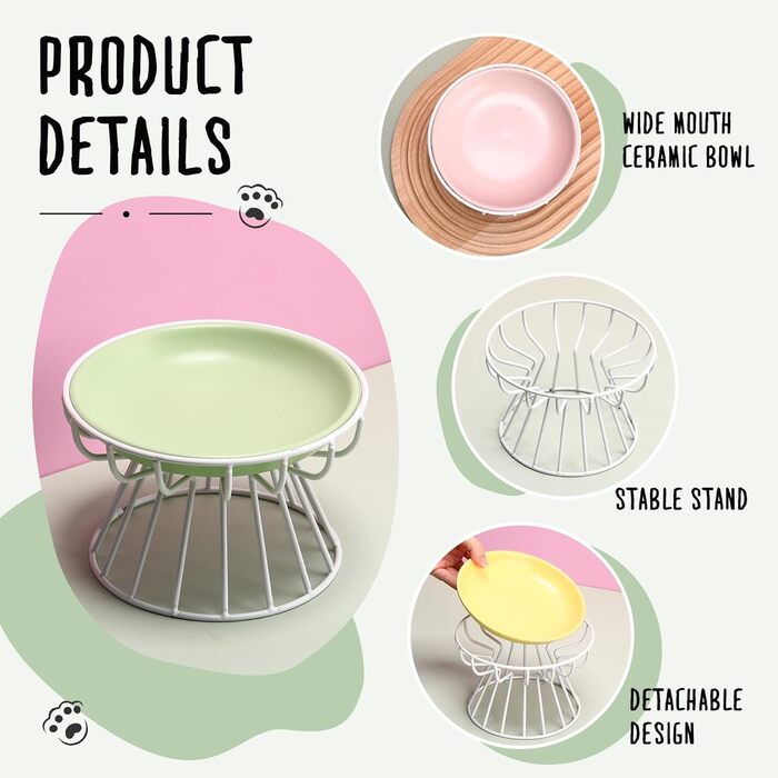 Набори мисок для котів Hushee з кераміки з металевим підставкою, анти-блювотні, придатні для миття в посудомийній машині, плоскі миски для води та корму для кошенят та маленьких собак, 6 шт.