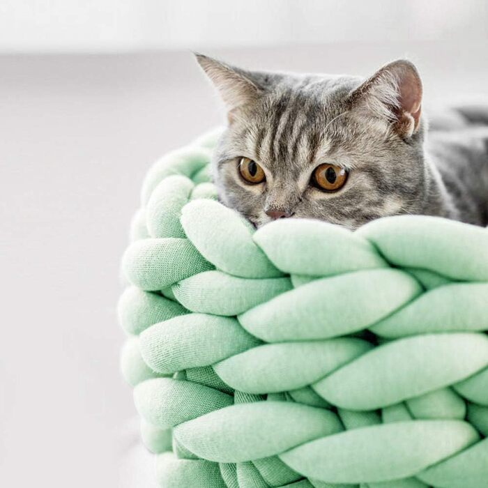 Котяче ліжко Lucky Monet, кругле, в'язане з бавовни, м'яке плетене лежанка для котів і собак, Boho стиль, 40 см, м'ятно-зелене