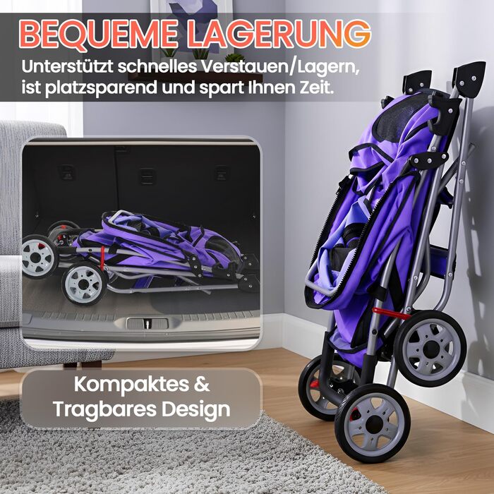 Візок для собак FDW, складний, для котів та собак, з обертовими колесами на 360°, з кошиком для зберігання, подушкою та сітковими віконцями, тримачем для напоїв, до 15 кг, фіолетовий