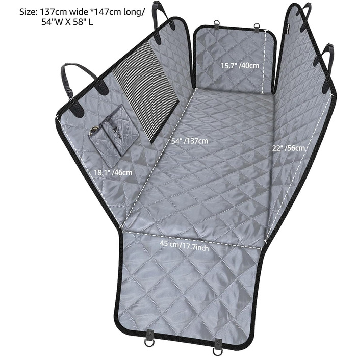 Гамак для собак у машину | Сітка на вікно та ремінь безпеки | 100% водонепроникний чохол на заднє сидіння для собак, безпечні поїздки з захистом бокових дверей | Нековзний, стійкий до подряпин, сірий стандартний чохол на заднє сидіння