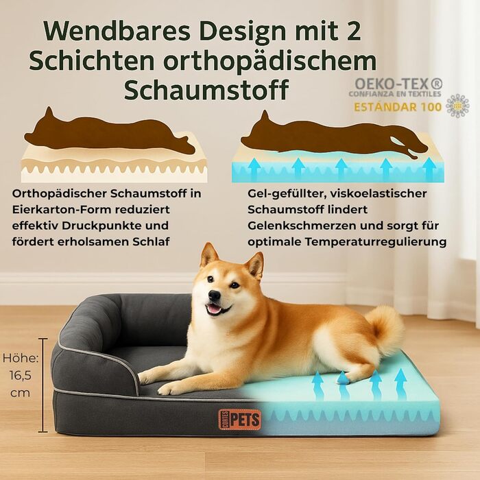Ортопедичне ліжко для собак середніх та великих порід CORTESPETS® - диван для собак, знімний та пральний чохол, високі бортики, м'яке ліжко з Memory Foam, вологостійке, сірого кольору, 90 x 64 x 17 см