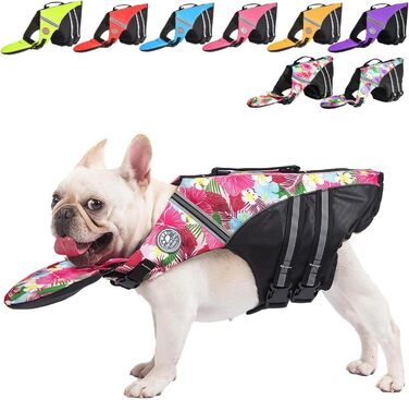 Жилет для плавання собак, Французький бульдог, жилет для собак, плавання, катання на човні, жилет для собак з поплавком на підборідді та рятувальним гачком, високоякісний жилет (обхват грудей: 43,2 см - 76,2 см, вага)