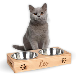 Кормушка для котів LAUBLUST з іменним гравіюванням - Натуральне дерево | 31x15x6 см - 2 миски з нержавіючої сталі (0,35л кожна) | Підвищена годівниця для котів | Сріблясті миски для котів