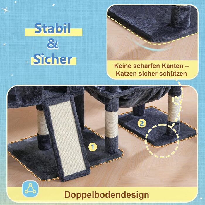 Котячий будиночок Hey-brother Kratzbaum: велика платформа, 2 печери, гамак, сизаль, кошик, 127 см, MPJ071W (димно-сірий)