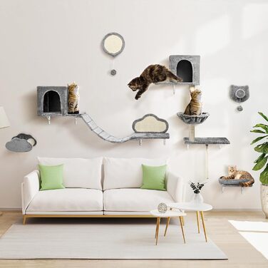 Комплекс для котів BYBYME з гамаком, ліжком та високими полицями, 6 предметів. Міцний, з плюшем, сизалевим покриттям та крізьовим покриттям. Для кількох котів. (Світло-сірий)