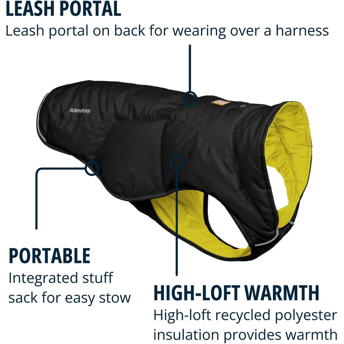 Куртка Ruffwear Quinzee для великих собак, ізольована куртка для собак на всі погодні умови, водовідштовхуюча куртка для собак, легка жилетка для собак та сумка-переноска, розмір L, Obsidianschwarz (Чорний обсидіан)