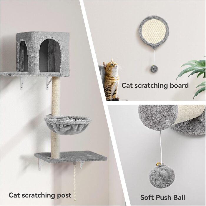 Комплекс для котів BYBYME з гамаком, ліжком та високими полицями, 6 предметів. Міцний, з плюшем, сизалевим покриттям та крізьовим покриттям. Для кількох котів. (Світло-сірий)