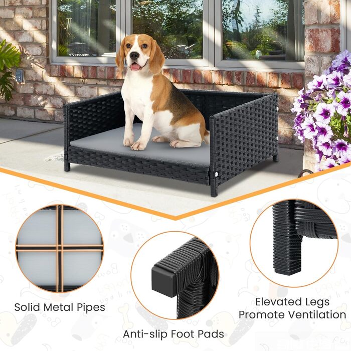 Собаче ліжко SOARS з ротангу, кошик для собак з подушкою, знімний та пральний чохол, підняте собаче ліжко для маленьких та середніх собак, диван для собак для дому та на вулицю, 62 x 46 x 25 см