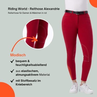 Верхні штани для їзди на конях Riding World Alexandrie для жінок та дітей | Еластичні штани з накладкою на колінах | з кишенями спереду | Легінси для верхової їзди в шести кольорах | Одяг для верхової їзди розмір 104-176 та 32-44, Зелений (38, Червоний)