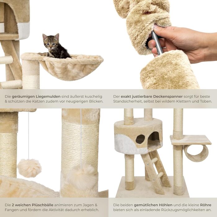 Котячий дряпак tectake XXL, регульований, 243-260 см, з лежаком, сходами, тунелем, домиком і сизалевою стовпчиком, бежево-білий