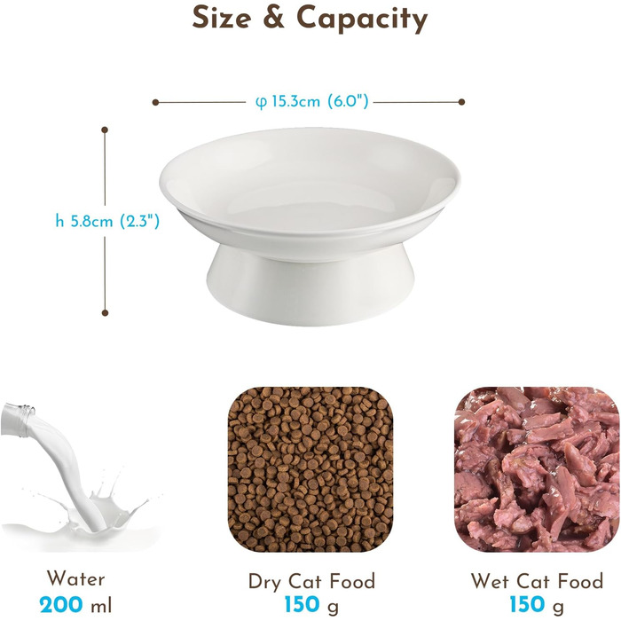 Миски для котів з кераміки, 2 шт., 15,3 см, підняті миски для корму, миски для кошенят та дорослих котів, анти-блювотні миски (білі)