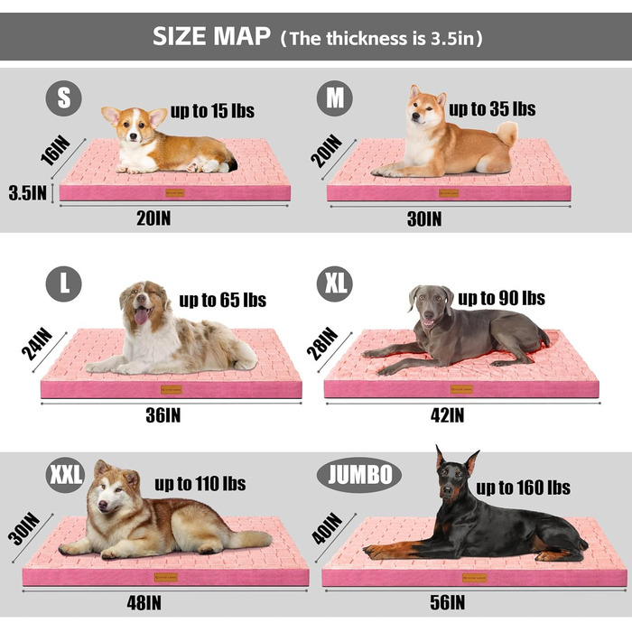 Ортопедичне собаче ліжко Patas Lague XL для великих собак, 106.7 x 71.1 см, водонепроникне, м'яке, тепле, зручне, з пінопластовою матрацом у формі стільців, знімний, пральний чохол та неслизьке дно, (S:20x15x3.5 IN, Рожевий)