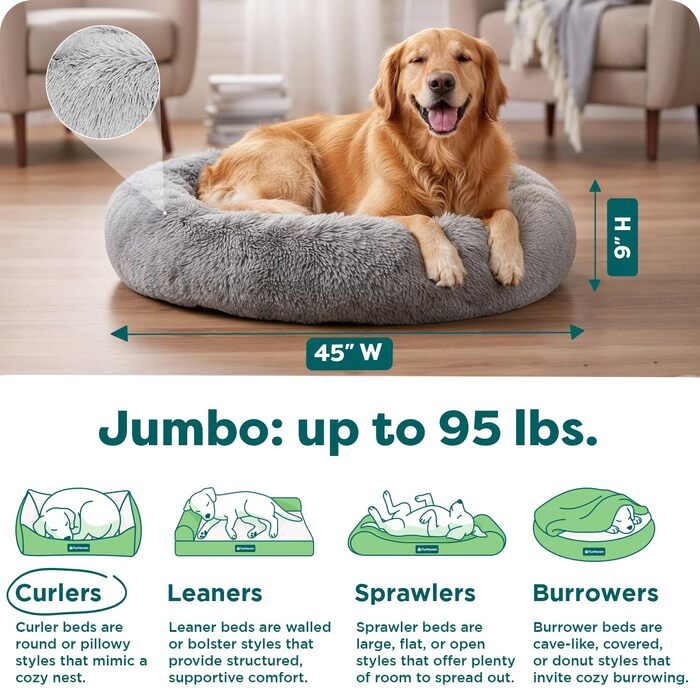Кругла лежанка для собак Furhaven 45' XL Donut з м'якого штучного хутра, заспокоююча, знімний чохол, сірий, 114 x 114 x 23 см