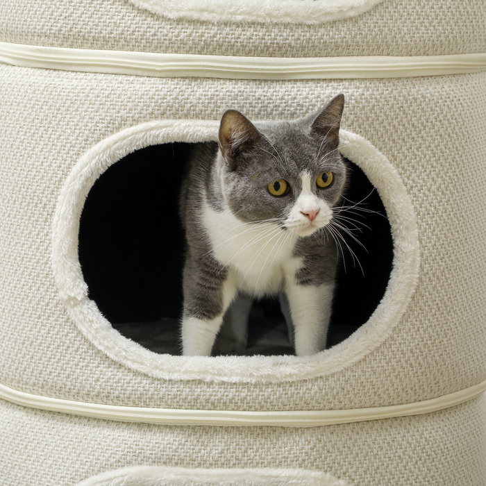 PawHut Scratching Barrel, висота 100 см Cat Barrel з 3 отворами, Cat Post з ігровими кулями, Cat Tower з Sisal, для котів до 6 кг, Бежевий+Кремово-білий | Аосом