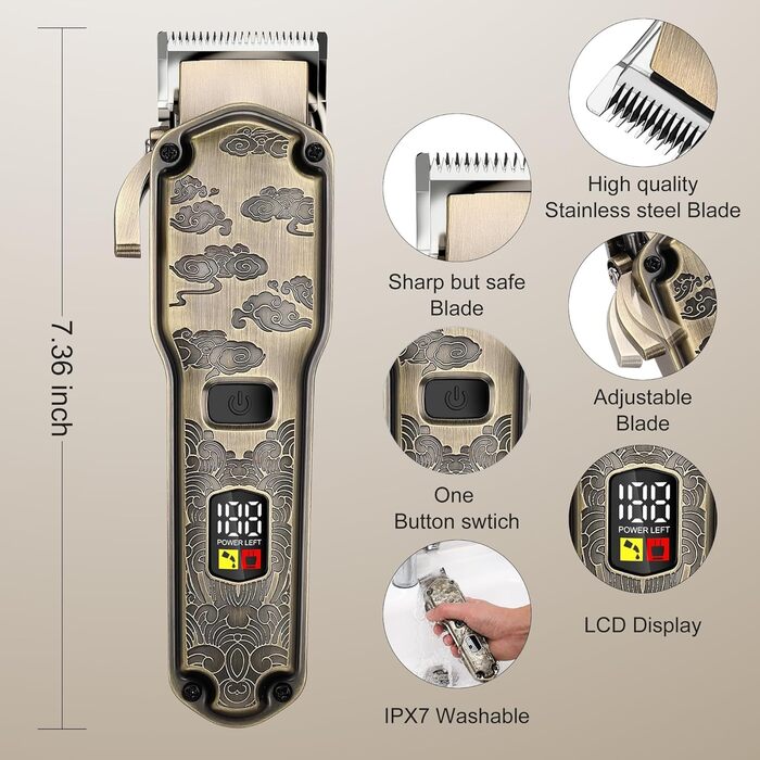 Електрична машинка для стрижки волосся Hatteker Profi: триммер для бороди, тіла та довгого волосся, водонепроникна (Бронза 2)