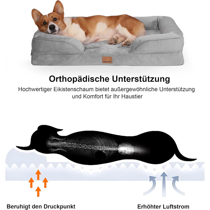 Ортопедичне ліжко для собак великих порід, ергономічне диван-лежанка з піною у формі ковчега, водонепроникне, неслизьке ліжко для собак 89x63 см, світло-сірий (світло-сірий, Д 89 x Ш 63 x В 17 см)