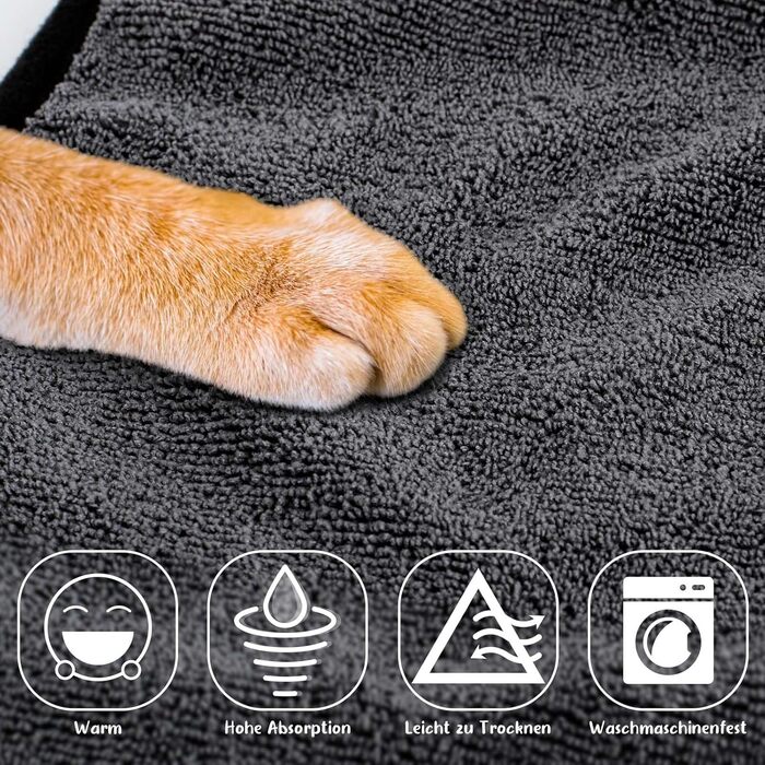 Рушник для собак з мікрофібри, сірий, XL. Швидковисихаючий, з клямками та регульованою стрічкою. Для великих, середніх та маленьких собак