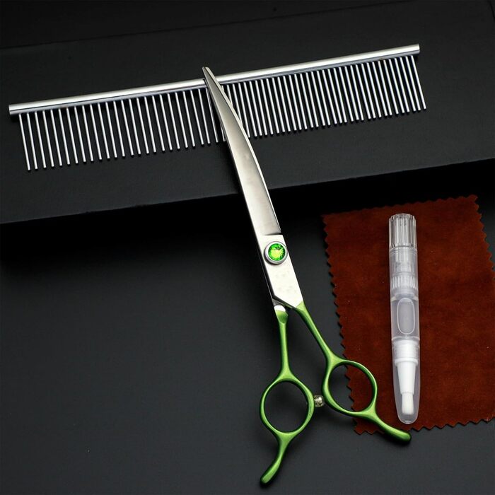 Ножиці для грумінгу собак, вигнуті - 7.0' з японської нержавіючої сталі. Ідеальні для догляду за шерстю собак та котів. Зелені ножиці для грумінгу.