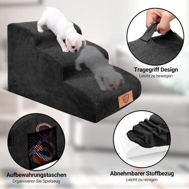 Сходи для собак і котів MASTERTOP, 3 ступені, високощільна піна, нековзкі, портативні, знімний плюшевий чохол, для диванів і ліжок, чорні