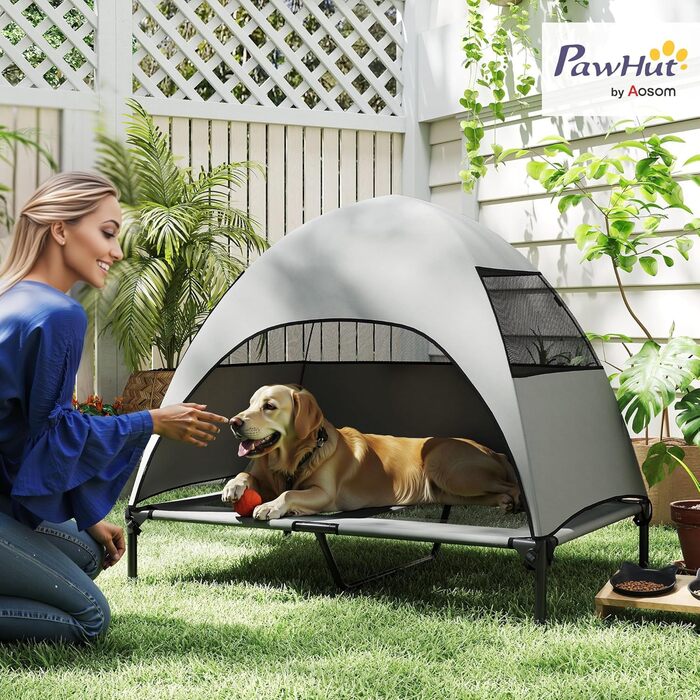 Лежанка для собак PawHut Outdoor з дахом, підняте ліжко для середніх собак, прохолодне місце для тварин з миючим каркасом з сітки та сталі, переносна сумка, ліжко для собак на вулицю, кемпінг, 76x61x71cm, (L 106 x B 76 x H 99 cm, світло-сірий)
