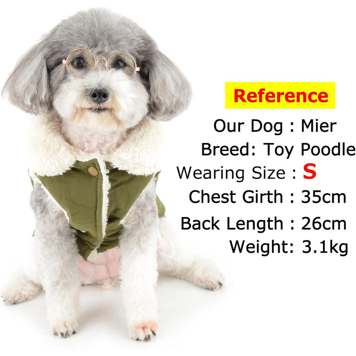Зунеа - тепла куртка для собак маленьких порід, з флісовою підкладкою, для цуценят, зимовий одяг з кільцем для повідка, захист від холоду, жилетка, куртка, плащ, для Чихуахуа, Пуделя, розмір M, зелена