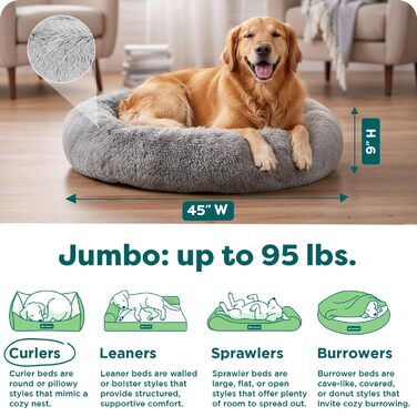 Кругла лежанка для собак Furhaven 45' XL Donut з м'якого штучного хутра, заспокоююча, знімний чохол, сірий, 114 x 114 x 23 см